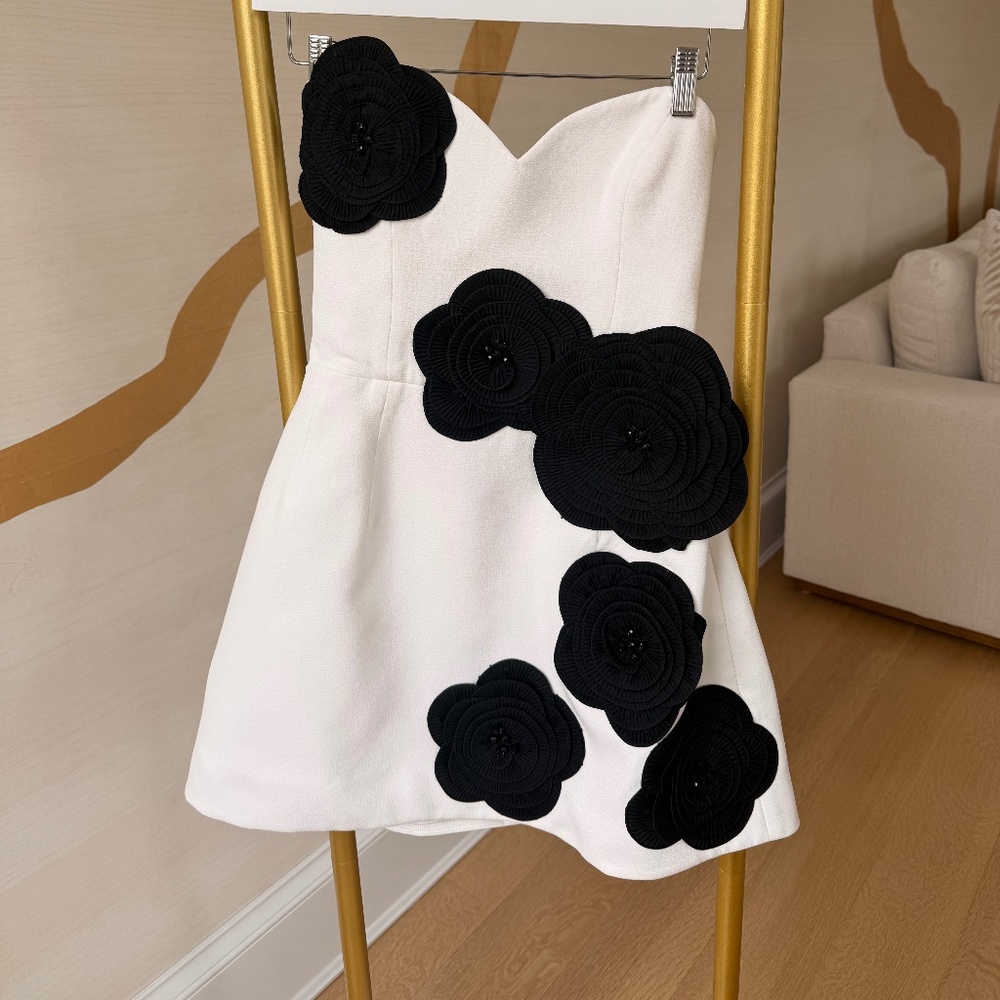Helsi Strapless White Mini Dress with Black Floral appliqués - Size S